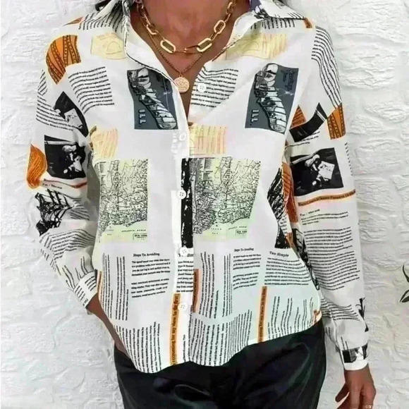 Newspaper All over Print Slogan Collared Button Front Drop Shoulder Blouse, L - Picture 2 of 13